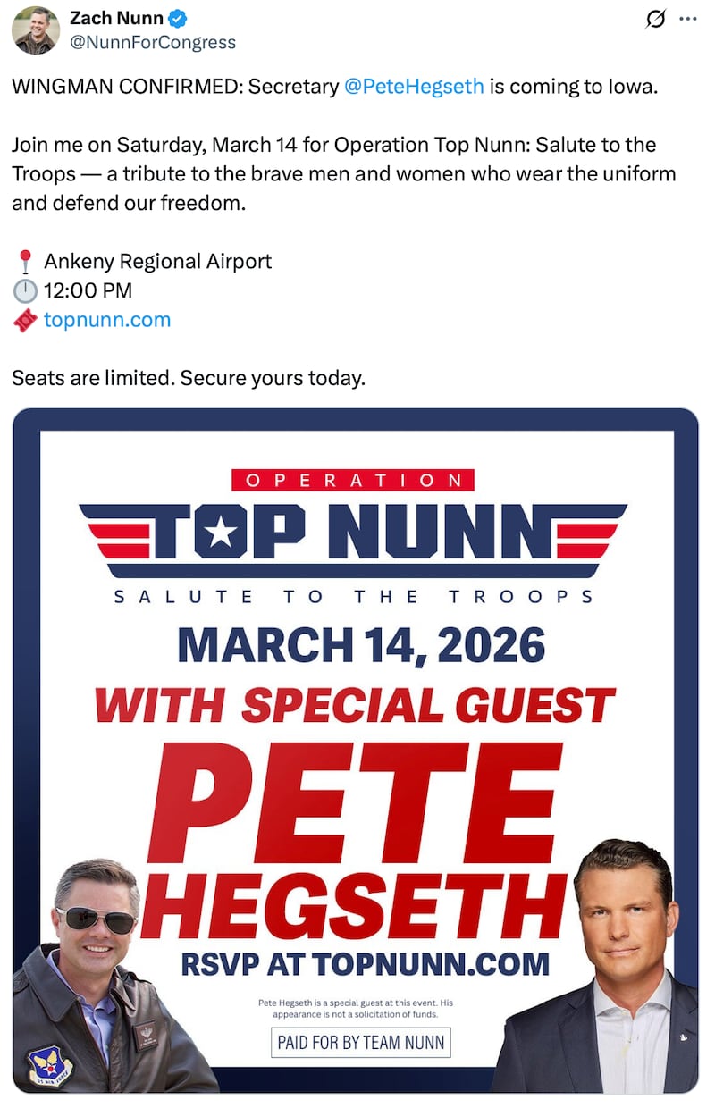 Zach Nunn posts his fundraising flyer on X.