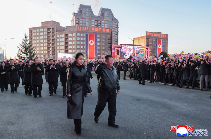This picture taken on February 16, 2026 and released by North Korea's official Korean Central News Agency (KCNA) on February 17, 2026 shows North Korean leader Kim Jong Un (center R) and his daughter Ju Ae (center L) attending the inauguration ceremony of 10,000 flats of the fourth stage in Hwasong Area of Pyongyang. (Photo by KCNA VIA KNS / AFP via Getty Images) / South Korea OUT / ---EDITORS NOTE--- RESTRICTED TO EDITORIAL USE - MANDATORY CREDIT "AFP PHOTO/KCNA VIA KNS" - NO MARKETING NO ADVERTISING CAMPAIGNS - DISTRIBUTED AS A SERVICE TO CLIENTS
THIS PICTURE WAS MADE AVAILABLE BY A THIRD PARTY. AFP CAN NOT INDEPENDENTLY VERIFY THE AUTHENTICITY, LOCATION, DATE AND CONTENT OF THIS IMAGE. /