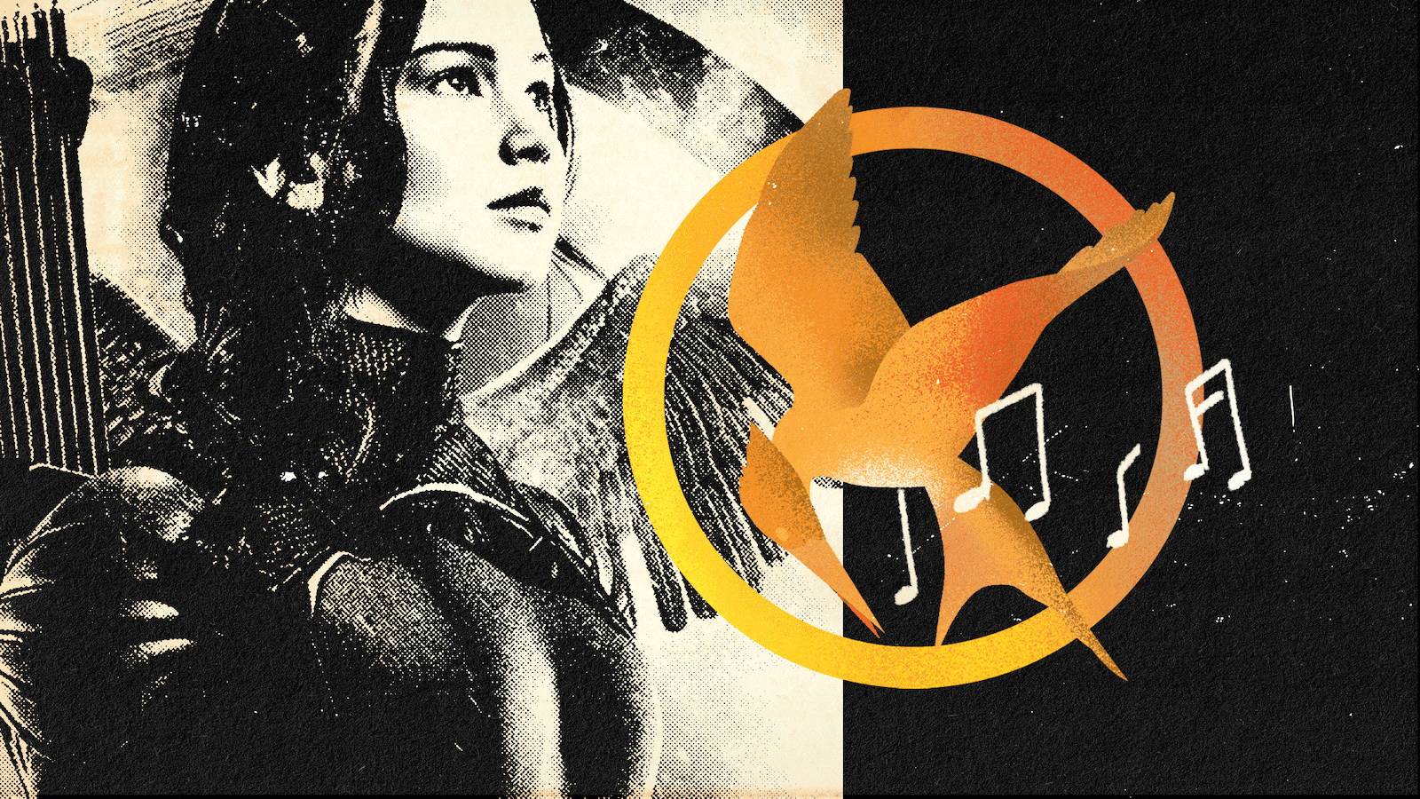 A photo illustration of Jennifer Lawrence as Katniss Everdeen in The Hunger Games with an illustration of the mockingjay symbol with music notes coming out of it