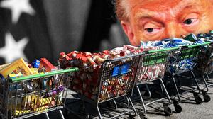 Donald Trump looking over shopping carts filled with food donations