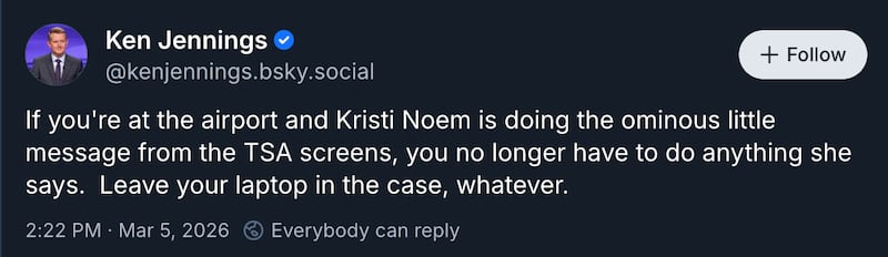 Ken Jennings Bluesky post about Noem