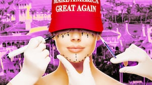 A photo illustration of a woman wearing a MAGA hat getting plastic surgery marks in front of Mar-A-Lago.