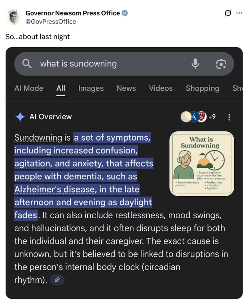 A screenshot of a post from the Governor News Press Office X account, which features the Google search results for the term "sundowning."