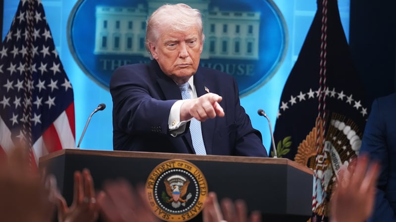 UNITED STATES - APRIL 6: President Donald Trump and Defense Secretary Pete Hegseth conduct a news conference in the White House briefing room about the war in Iran on Monday, April 6, 2026. (Tom Williams/CQ-Roll Call, Inc via Getty Images)