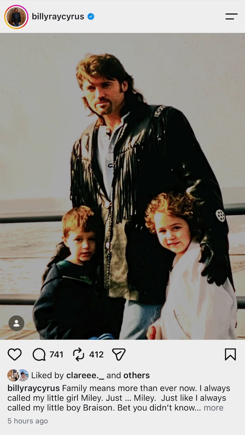 Billy Ray Cyrus posted on Instagram about his daughter, Miley, dropping his last name from her stage name.