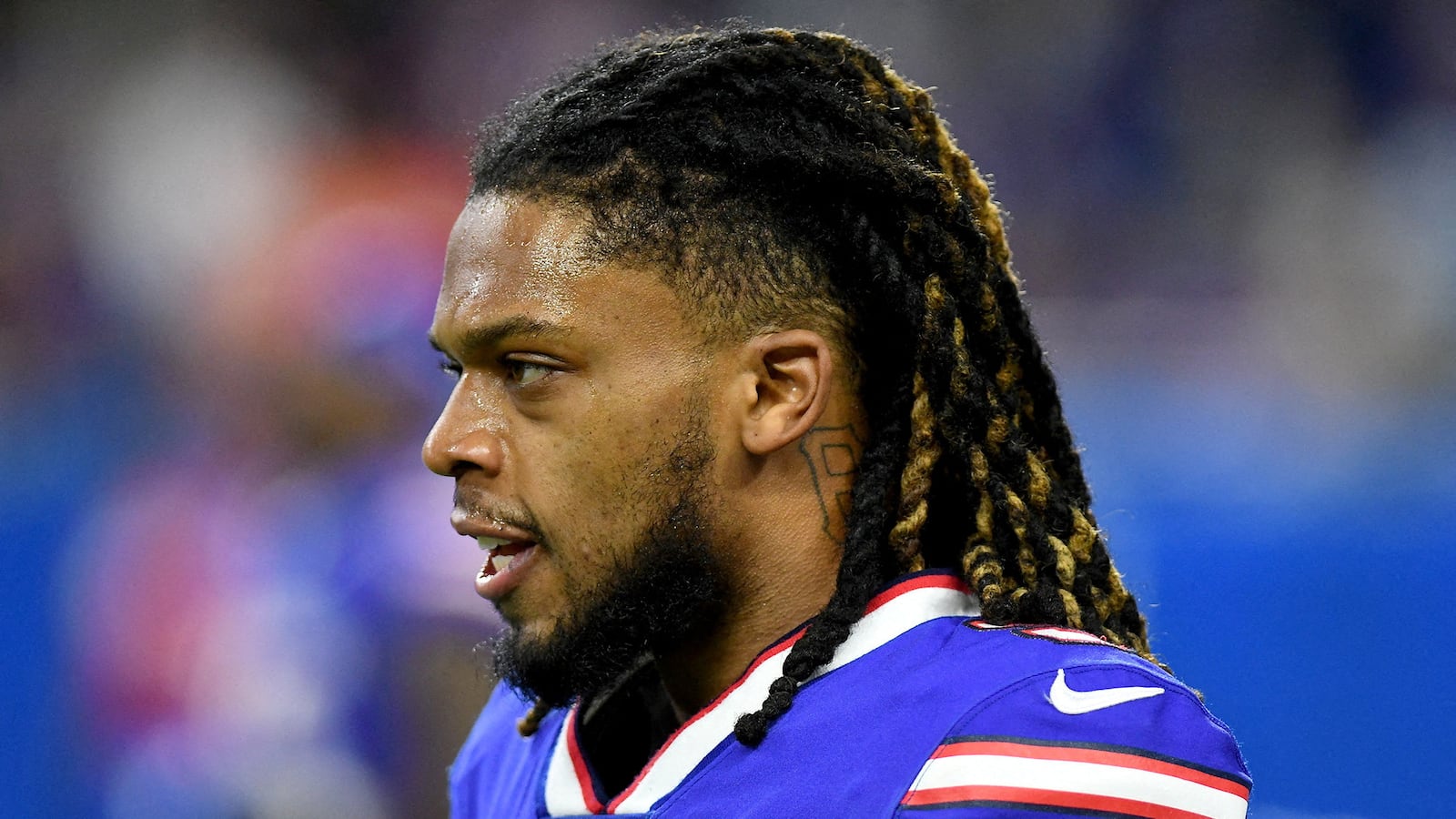 Nov 20, 2022; Detroit, Michigan, USA; Buffalo Bills safety Damar Hamlin warms up before a game against the Cleveland Browns at Ford Field.