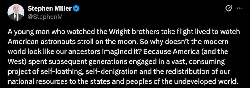 One of Stephen Miller's posts which drew criticism for his reading of history.