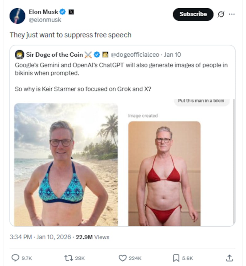 Musk shares an image of Starmer in a bikini during his bitter spat with the PM.
