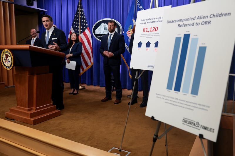 Acting U.S. Attorney General Todd Blanche speaks during a press conference hosted with U.S. Secretary of Homeland Security Markwayne Mullin on unaccompanied minors and prosecuting their sponsors, at the Justice Department, in Washington, D.C., U.S., June 11, 2026. REUTERS/Evelyn Hockstein