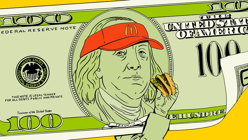 $100 bill featuring Benjamin Franklin wearing a McDonalds visor eating a big mic