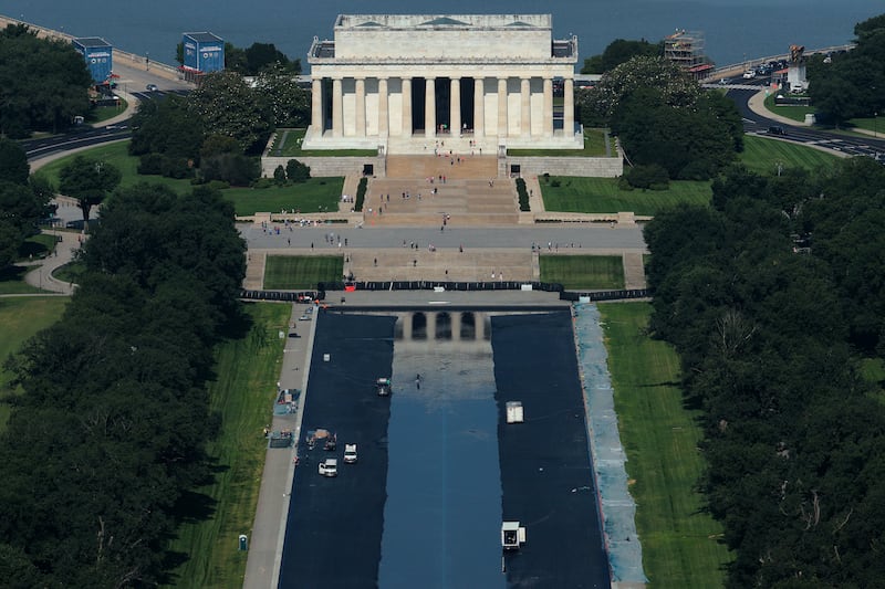 The Lincoln memorial Reflecting Pool is partially filled with water on June 05, 2026 in Washington, DC. Trump traveled to Wisconsin the same day where he bragged about the renovations while showing small printed pictures at his event.