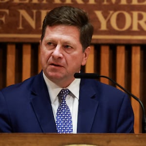 Jay Clayton, U.S. Attorney for the Southern District of New York, speaks next to Jessica S. Tisch, Commissioner for New York Police Department during a press conference at the New York Police Department headquarters following the arrest of suspects charged with igniting IEDs near Gracie Mansion, the home of New York City Mayor Zohran Mamdani, in New York City, U.S., March 9, 2026.