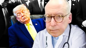 A photo illustration of Dr. Jonathan Reiner and Donald Trump sleeping.