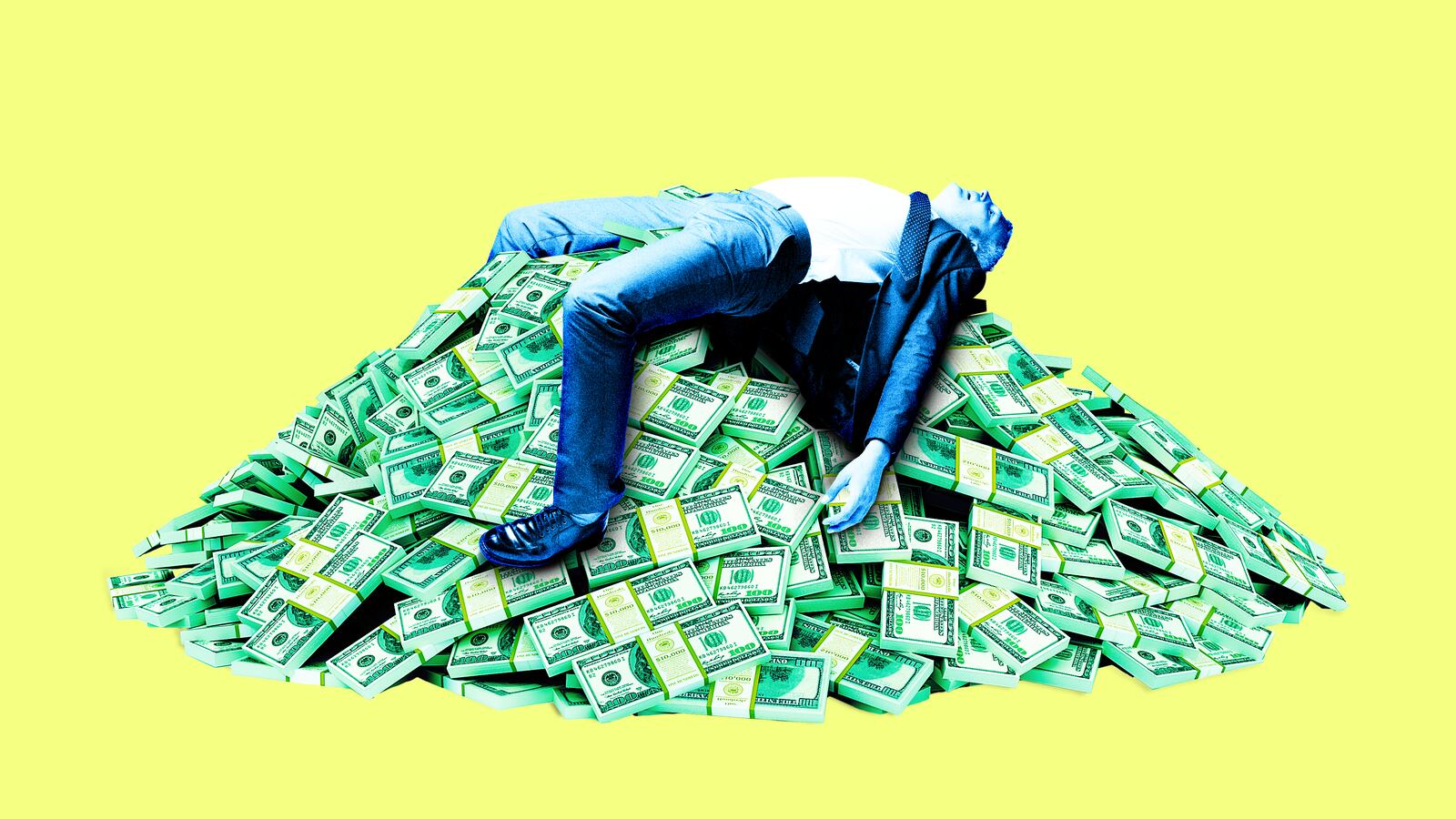 A photo illustration of a blue man in a suit lying on a pile of money.