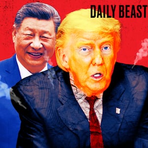 A photo illo illustration of Donald Trump and President Xi for the podcast.