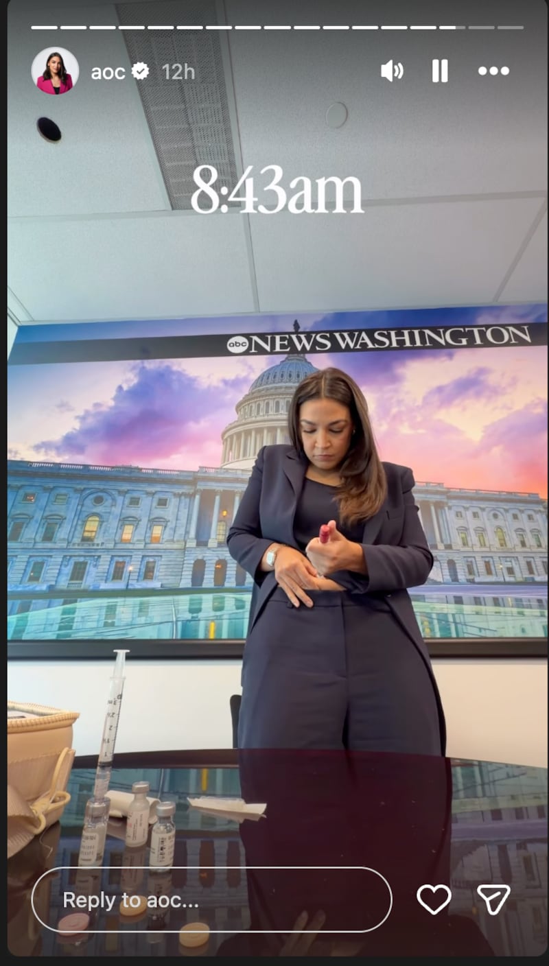 A video shared by AOC on Instagram where she gives herself one of her shots as she goes through the egg freezing process before a Sunday morning television interview.