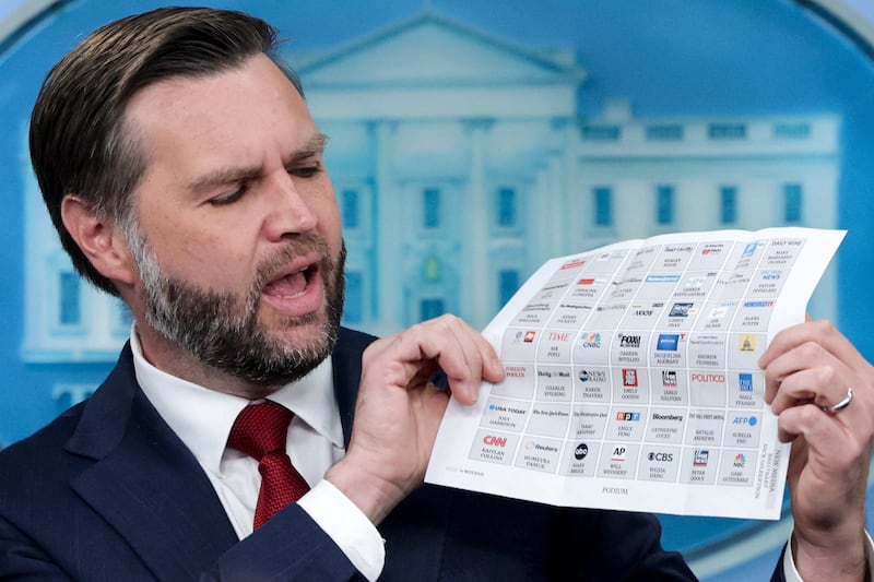 U.S. Vice President JD Vance holds a seating chart with reporters' names on it as he takes questions during a press briefing, the first since Karoline Leavitt stepped down as press secretary, at the White House, in Washington, D.C., U.S., September 3, 2026.