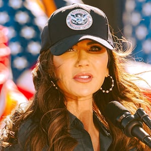 Homeland Security Secretary Kristi Noem speaks during a press conference in Nogales, Arizona, on February 4, 2026.