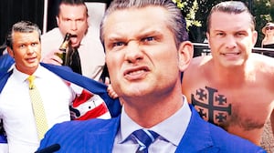 A photo composite of Secretary of Defense Pete Hegseth making a face during a press briefing, wearing an American flag lined suit, drinking champagne on Fox, and showing off his tattoos.