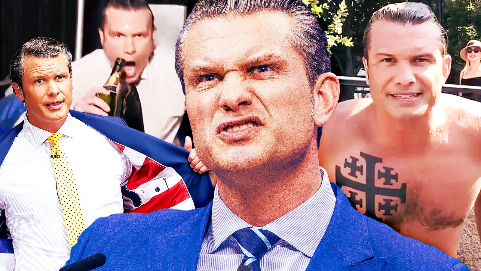 A photo composite of Secretary of Defense Pete Hegseth making a face during a press briefing, wearing an American flag lined suit, drinking champagne on Fox, and showing off his tattoos.