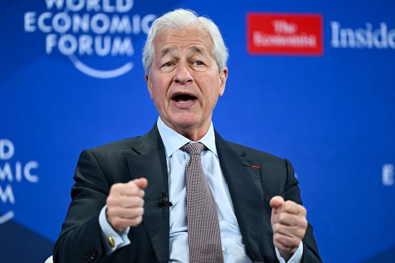 JPMorgan CEO Jamie Dimon gestures as he speaks during the World Economic Forum (WEF) annual meeting in Davos on January 21, 2026.