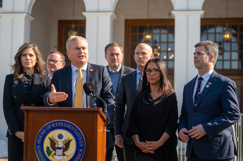 CHAPPAQUA, NEW YORK - FEBRUARY 26: Chairman of the House Oversight and Accountability Committee Rep. James Comer (R-KY) and chairman of the House Oversight and Accountability Committee, joined by Republican members of the House Oversight Committee, speaks to members of the media while arriving for a closed-door deposition with former US Secretary of State Hillary Clinton at the Chappaqua Performing Arts Center on February 26, 2026 in Chappaqua, New York. Former Secretary of State Hillary Clinton is set to provide testimony to the Republican-led House Oversight Committee this Thursday as part of an ongoing inquiry into the Jeffrey Epstein case.(Photo by David Dee Delgado/Getty Images)