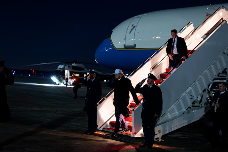 JOINT BASE ANDREWS, MARYLAND - FEBRUARY 01: U.S. President Donald Trump arrives aboard Air Force One on February 1, 2026 in Joint Base Andrews, Maryland. President Trump attended the wedding of Dan Scavino, White House Deputy Chief of Staff, and Erin Elmore, the Department of State Director of Art in Embassies, at his Mar-a-Lago club in Palm Beach, Florida. (Photo by Al Drago/Getty Images)