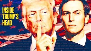 Donald Trump with his finger to his lips. Jared Kushner behind him.