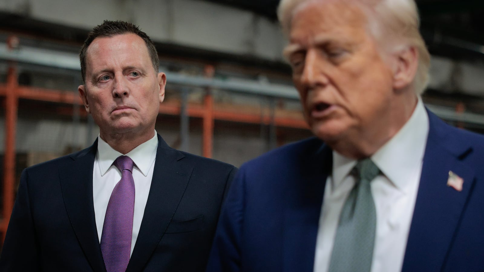 U.S. President Donald Trump speaks to the media alongside Richard Grenell, President of The Kennedy Center Board of Trustees, during a guided tour of the John F. Kennedy Center for the Performing Arts before leading a board meeting on March 17, 2025 in Washington, DC.