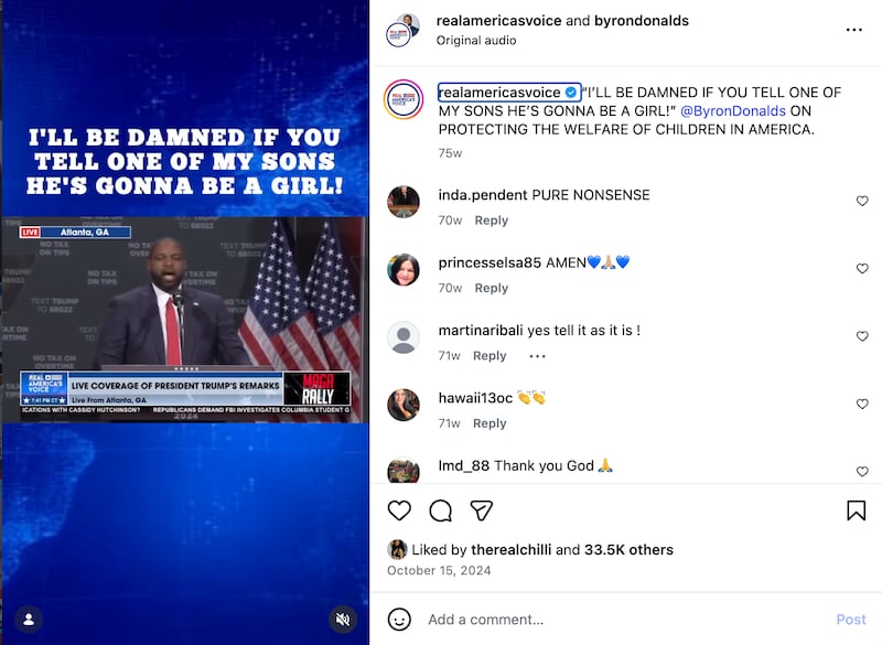 Thomas liked several posts of Donalds', including this one, in which he argues that there is a pro-trans agenda in America.