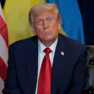 President Donald Trump listens to a reporter's question during a bilateral meeting with President of Ukraine Volodymyr Zelensky at the 80th session of the United Nations General Assembly (UNGA) at the UN headquarters on September 23, 2025 in New York City.