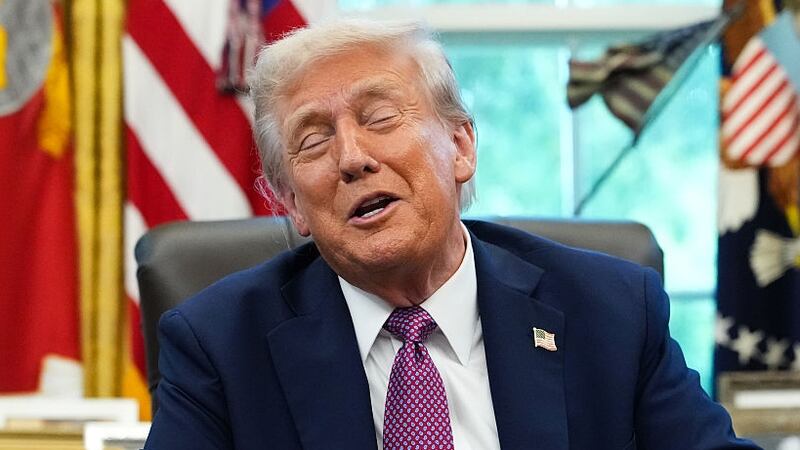 U.S. President Donald Trump reacts as he speaks to the media while signing executive orders in the Oval Office of the White House on September 05, 2025 in Washington, DC. President Trump signed executive orders which included the renaming of the Department of Defense to the Department of War. (Photo by Kevin Dietsch/Getty Images)