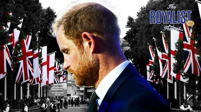 Illo illustration of Prince Harry in front of Buckingham Palace