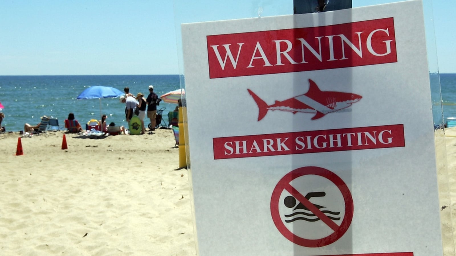 (071108, martha's vineyard, MA)THE GREAT SHARK HUNT. a sign where a shark was spotted along South Beach in Martha's Vineyard. Friday, July 11, 2008. (Staff photo by Stuart Cahill) (Photo by Stuart Cahill/MediaNews Group/Boston Herald via Getty Images)