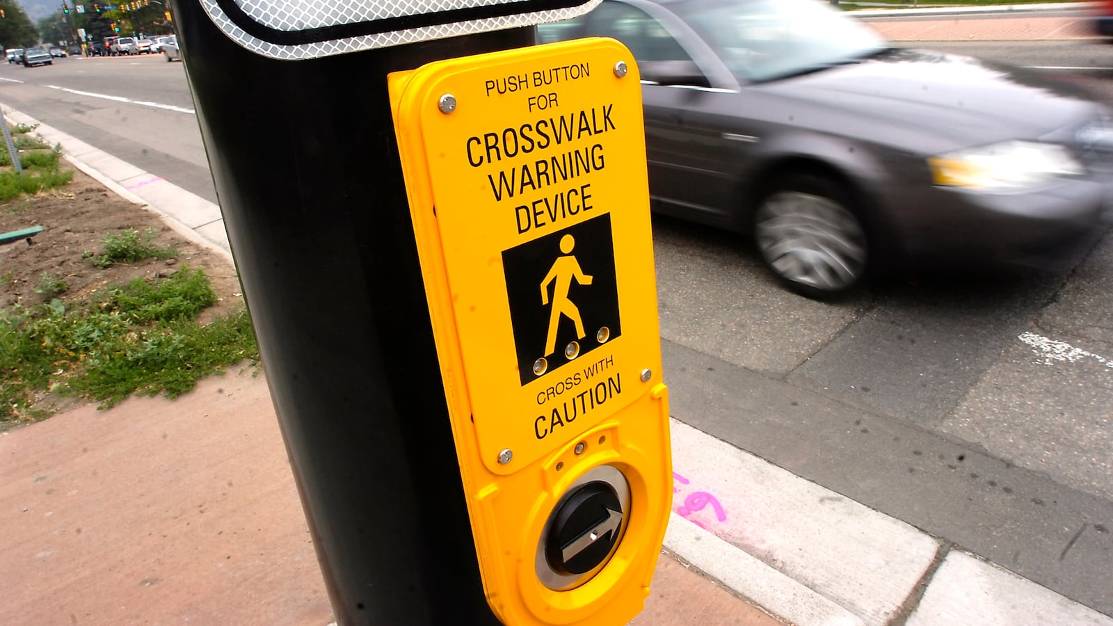 The crosswalk along Baseline Road just east of Broadway has been fitted with an audio warning device to increase safety for pedestrians on this busy stretch of road.(Photo by Marty Caivano/Digital First Media/Boulder Daily Camera via Getty Images)