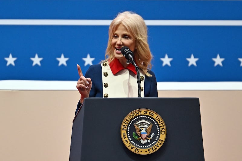 Former Counselor to the President Kellyanne Conway speaks during the inaugural parade inside Capital One Arena, in Washington, DC, on January 20, 2025.
