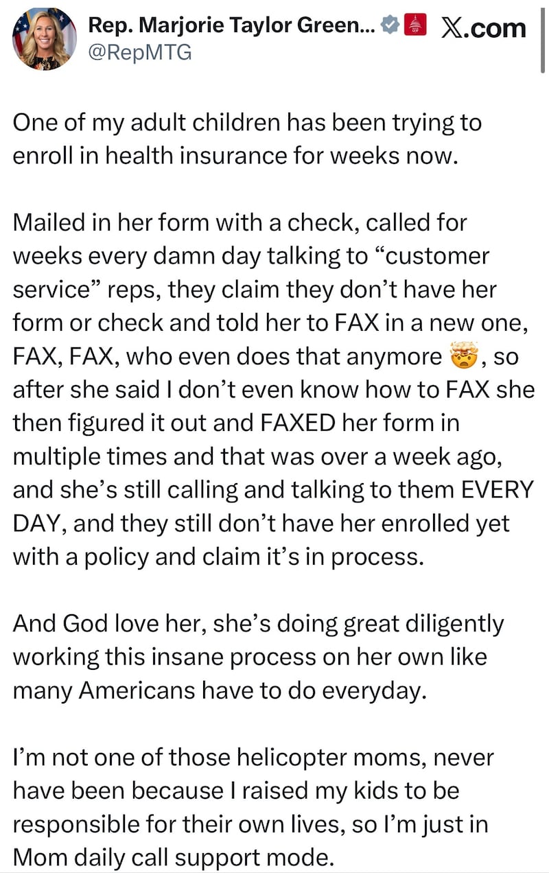 Marjorie Taylor Greene post on X Nov. 19