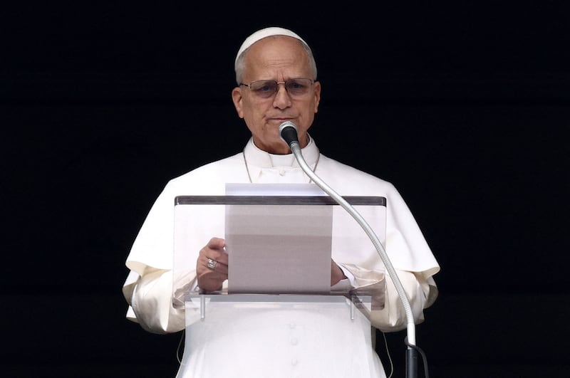 Pope Leo XIV leads the Angelus prayer from the window of the Apostolic Palace at the Vatican, March 1, 2026.