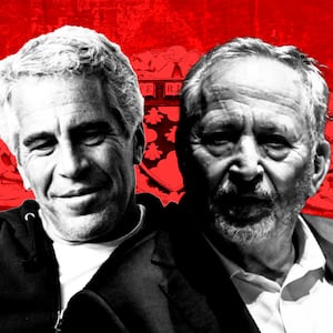 Jeffrey Epstein and Larry Summers in front of the Harvard Emblem.