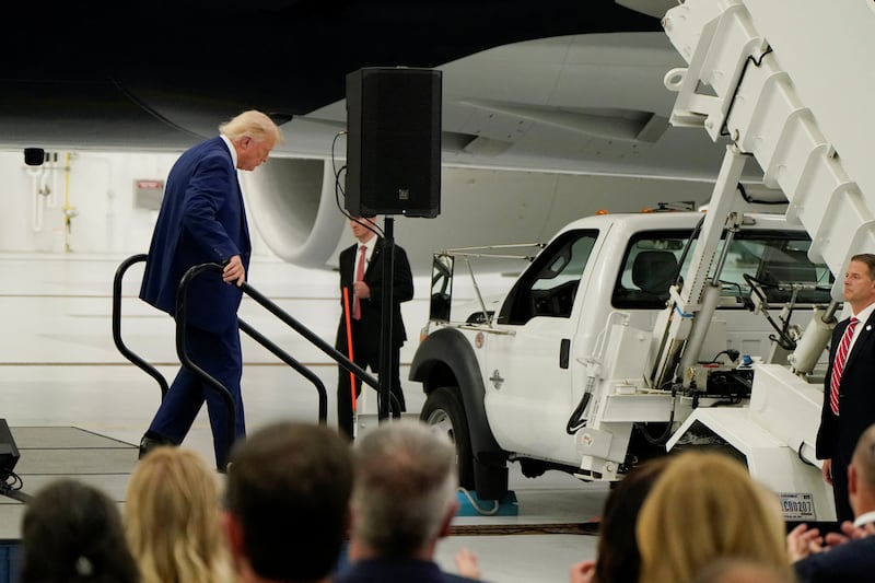 U.S. President Donald Trump walks away from the podium after delivering a speech in front of the VC-25B aircraft gifted by Qatar that will be used as Air Force One, at Joint Base Andrews, Maryland, U.S., June 19, 2026.