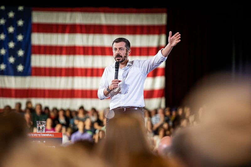 CEDAR RAPIDS, IA - MAY 13, 2025: Pete Buttigieg speaks at a town hall hosted by VoteVets at the Veteran's Memorial Building in Cedar Rapids, Iowa on Tuesday, May 13, 2025. (Photo by KC McGinnis/For The Washington Post via Getty Images)