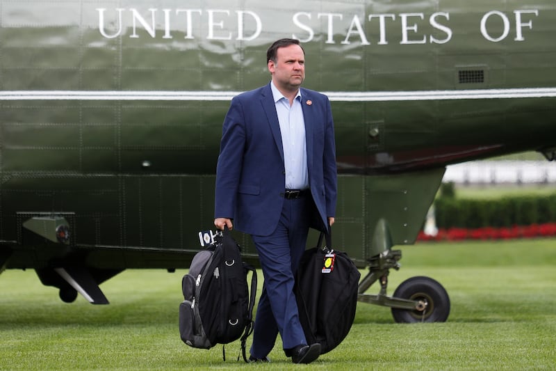 White House Director of Social Media Dan Scavino descends from Marine One to following overseas travel with U.S. President Donald Trump, at the White House in Washington, U.S., June 7, 2019. REUTERS/Tom Brenner