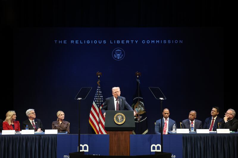 U.S. President Donald Trump addresses the White House Religious Liberties Commission during the event.