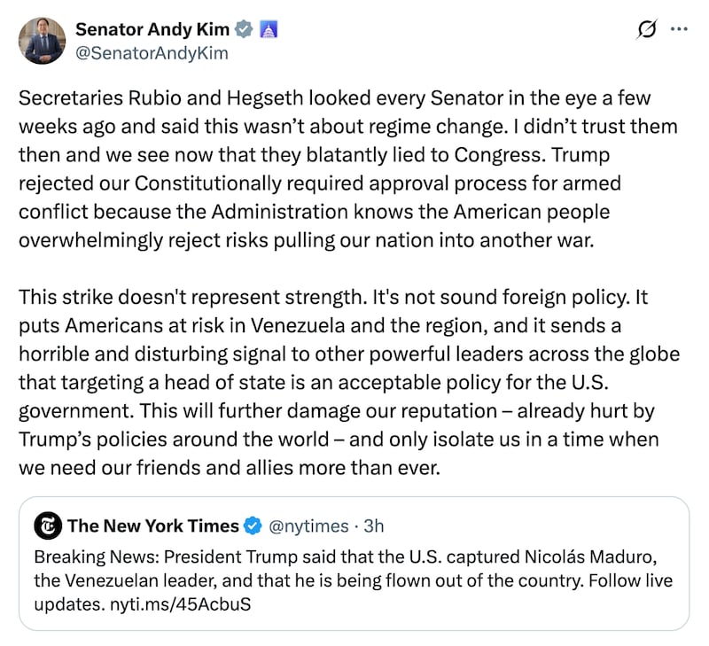 Andy Kim, the Democratic Senator for New Jersey, sounded off against Rubio and Pete Hegseth.