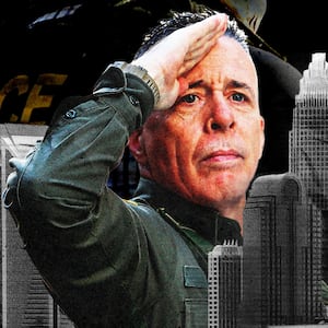 Greg Bovino in front of a collage of buildings from Charlotte, North Carolina and ICE agents