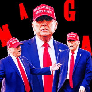 An animated GIF of President Donald Trump with the letters of MAGA flying around him.