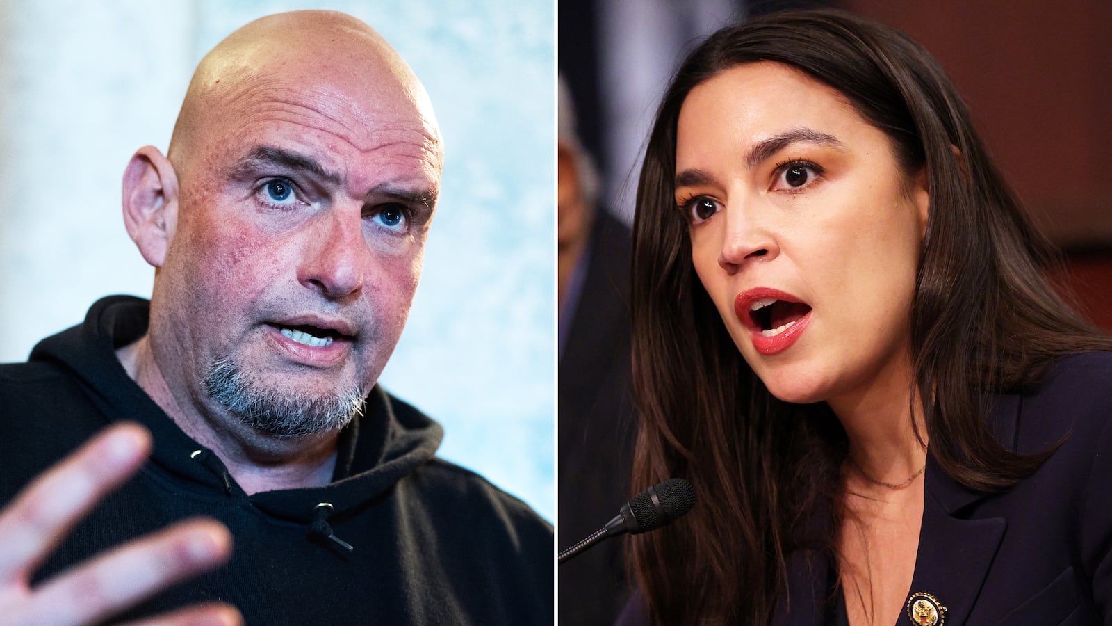 A side by side of Representatives John Fetterman and Alexandria Ocasio-Cortez.