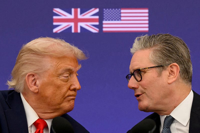 FILE PHOTO: U.S. President Donald Trump and British Prime Minister Keir Starmer announce an agreement between the two countries as they hold a press conference at Chequers at the conclusion of a state visit on September 18, 2025 in Aylesbury, Britain.  Leon Neal/Pool via REUTERS/File Photo
