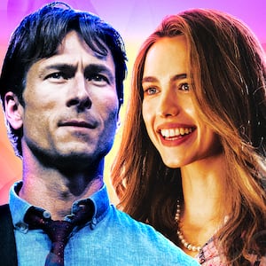 A photo illustration of Glen Powell and Margaret Qualley.