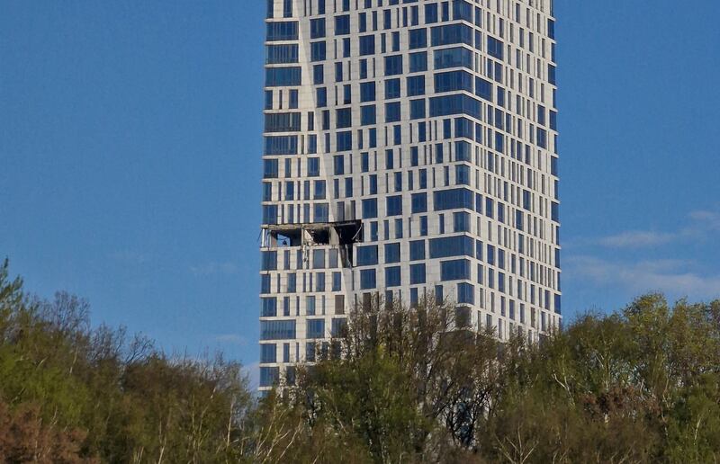 The damaged facade of a high-rise building following a drone attack, amid the Russia-Ukraine conflict, in Moscow, Russia May 4, 2026. REUTERS/Stringer     TPX IMAGES OF THE DAY